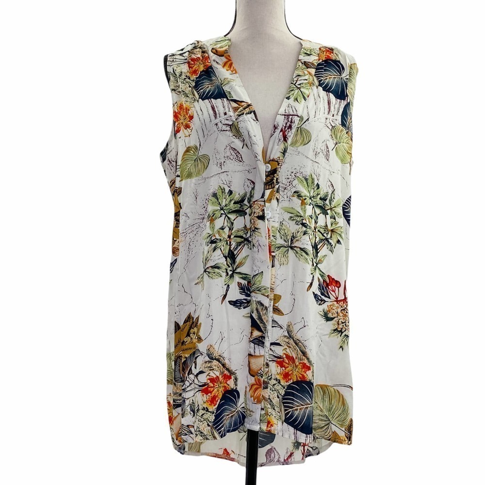 C Apparel Sleeveless V-Neck Floral Print Button Down High Low Blouse